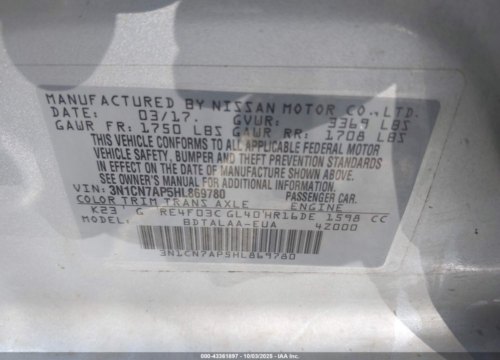 2017 NISSAN VERSA 1.6 S+ VIN: 3N1CN7AP5HL869780