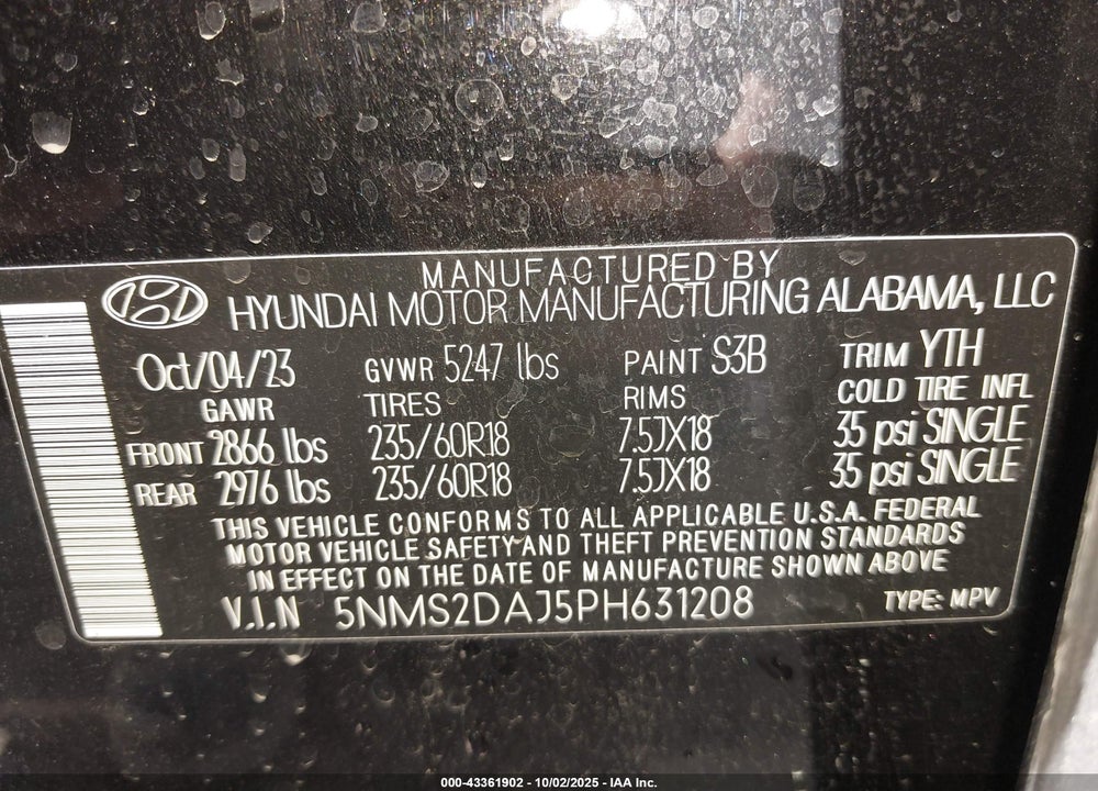 2023 HYUNDAI SANTA FE VIN: 5NMS2DAJ5PH631208