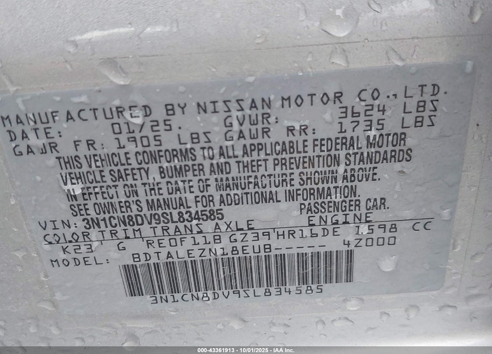 2025 NISSAN VERSA VIN: 3N1CN8DV9SL834585