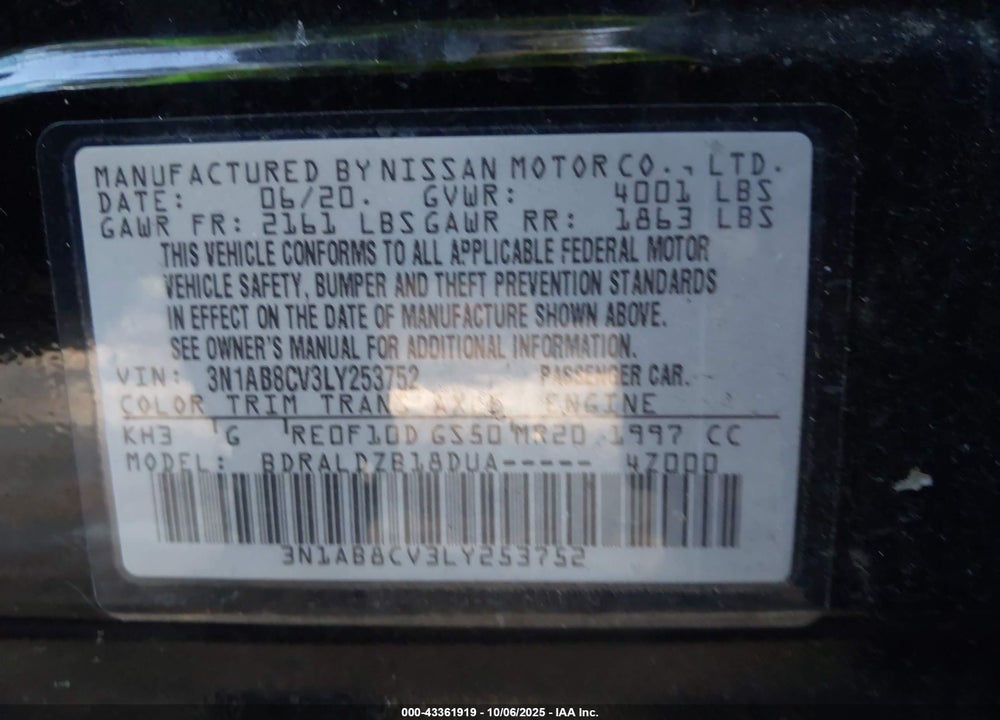 2020 NISSAN SENTRA VIN: 3N1AB8CV3LY253752