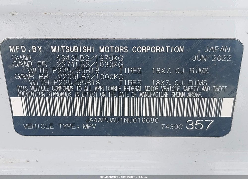 2022 MITSUBISHI OUTLANDER SPORT 2.0 BE 2WD/2.0 ES 2WD/2.0 LE 2WD/2.0 S 2WD VIN: JA4APUAU1NU016680