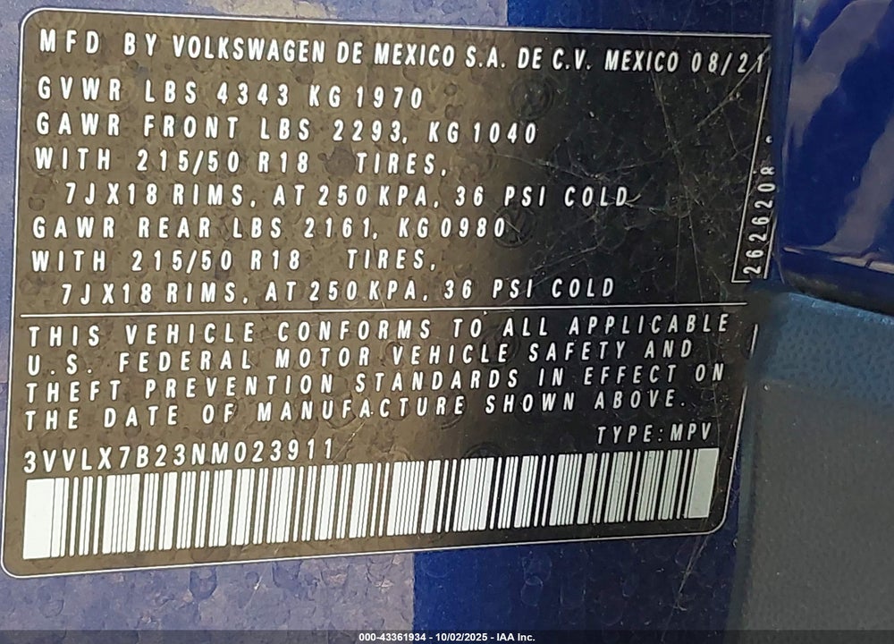 2022 VOLKSWAGEN TAOS VIN: 3VVLX7B23NM023911