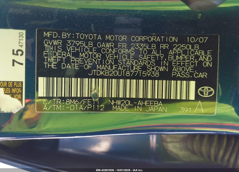 2008 TOYOTA PRIUS VIN: JTDKB20U187715938