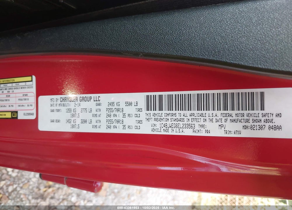 2014 JEEP WRANGLER UNLIMITED VIN: 1C4BJWEG6EL233563
