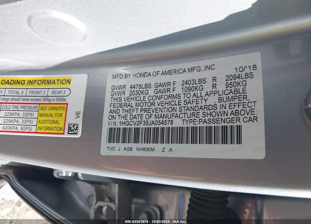 2018 HONDA ACCORD VIN: 1HGCV2F35JA054578