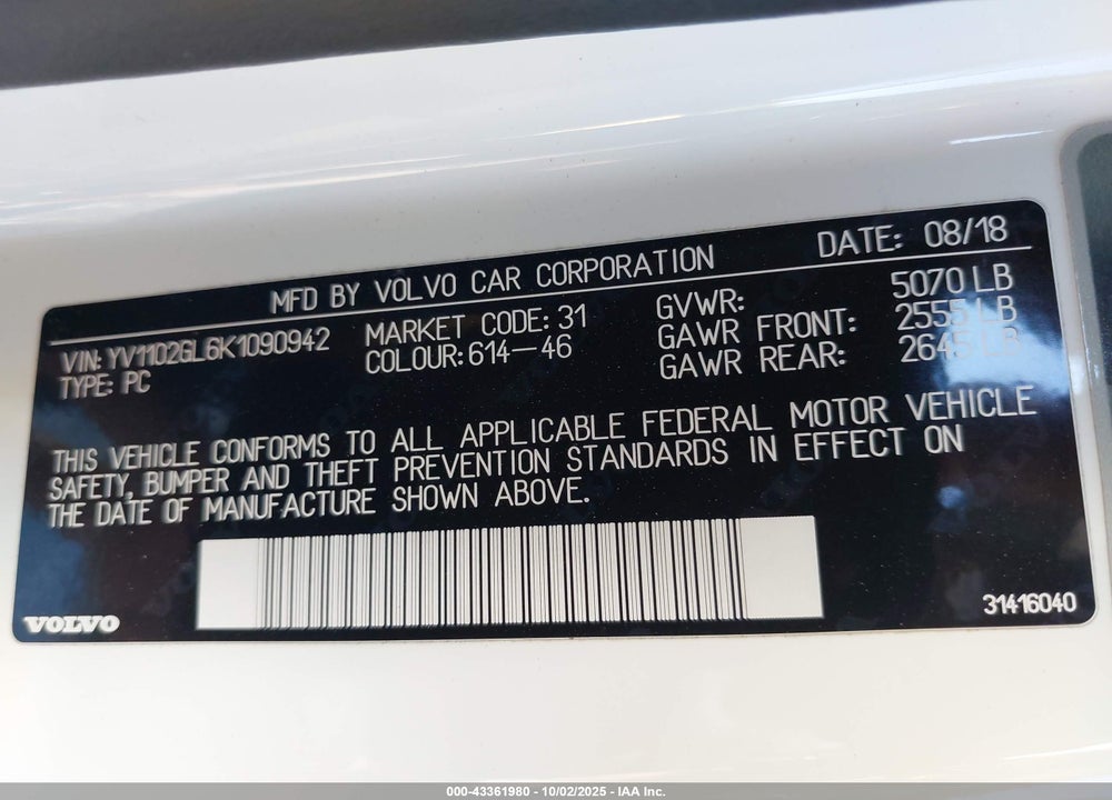 2019 VOLVO V90 VIN: YV1102GL6K1090942