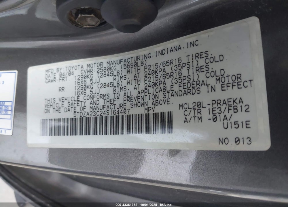 2004 TOYOTA SIENNA LE VIN: 5TDZA23C24S164407