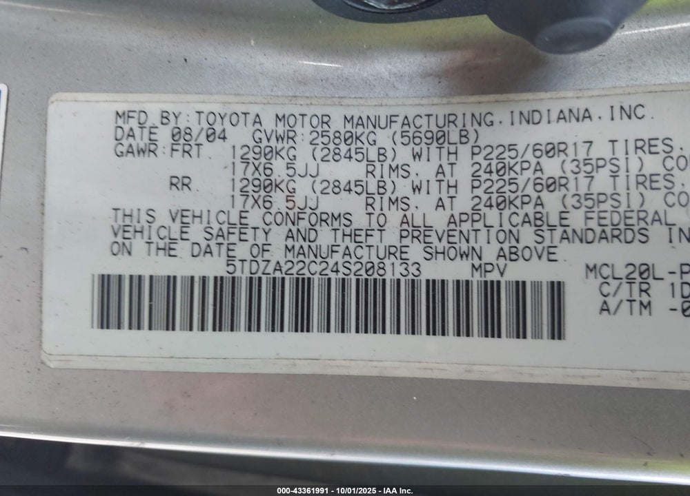 2004 TOYOTA SIENNA XLE LIMITED VIN: 5TDZA22C24S208133