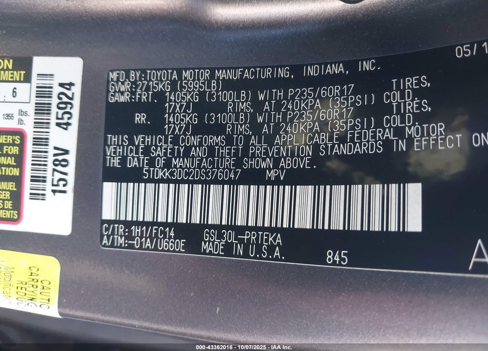 2013 TOYOTA SIENNA LE V6 8 PASSENGER VIN: 5TDKK3DC2DS376047