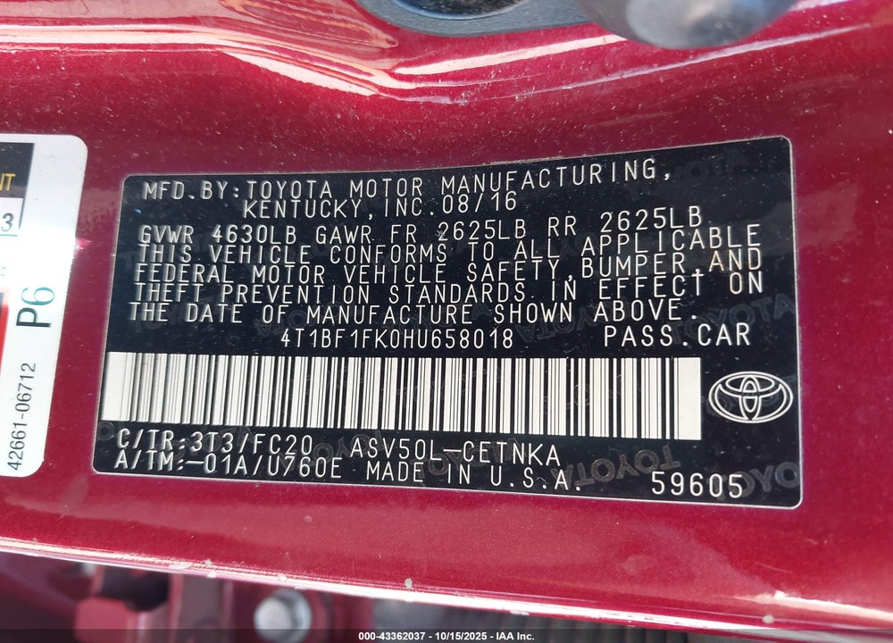 2017 TOYOTA CAMRY VIN: 4T1BF1FK0HU658018