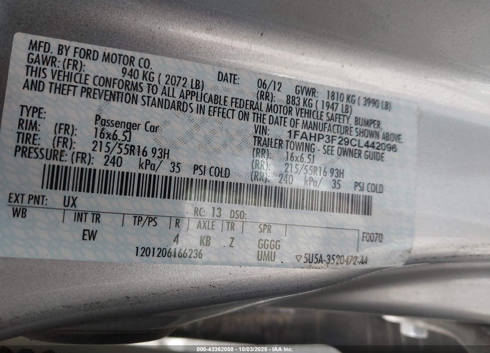 2012 FORD FOCUS SE VIN: 1FAHP3F29CL442096