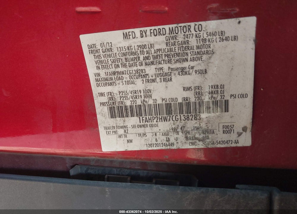 2012 FORD TAURUS VIN: 1FAHP2HW7CG138283