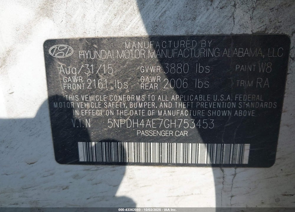 2016 HYUNDAI ELANTRA VIN: 5NPDH4AE7GH753453