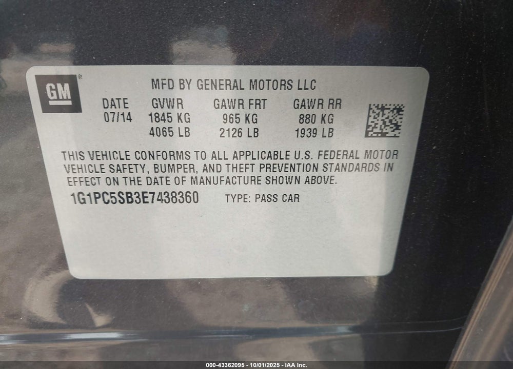 2014 CHEVROLET CRUZE VIN: 1G1PC5SB3E7438360