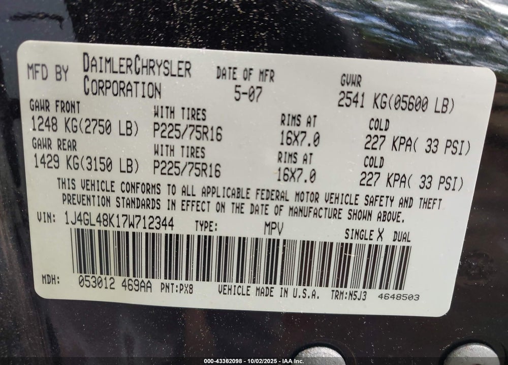 2007 JEEP LIBERTY SPORT VIN: 1J4GL48K17W712344