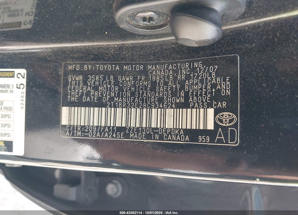 2008 TOYOTA COROLLA VIN: 2T1BR32E28C934624