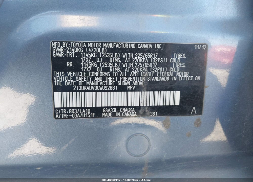 2012 TOYOTA RAV4 VIN: 2T3DK4DV9CW092881