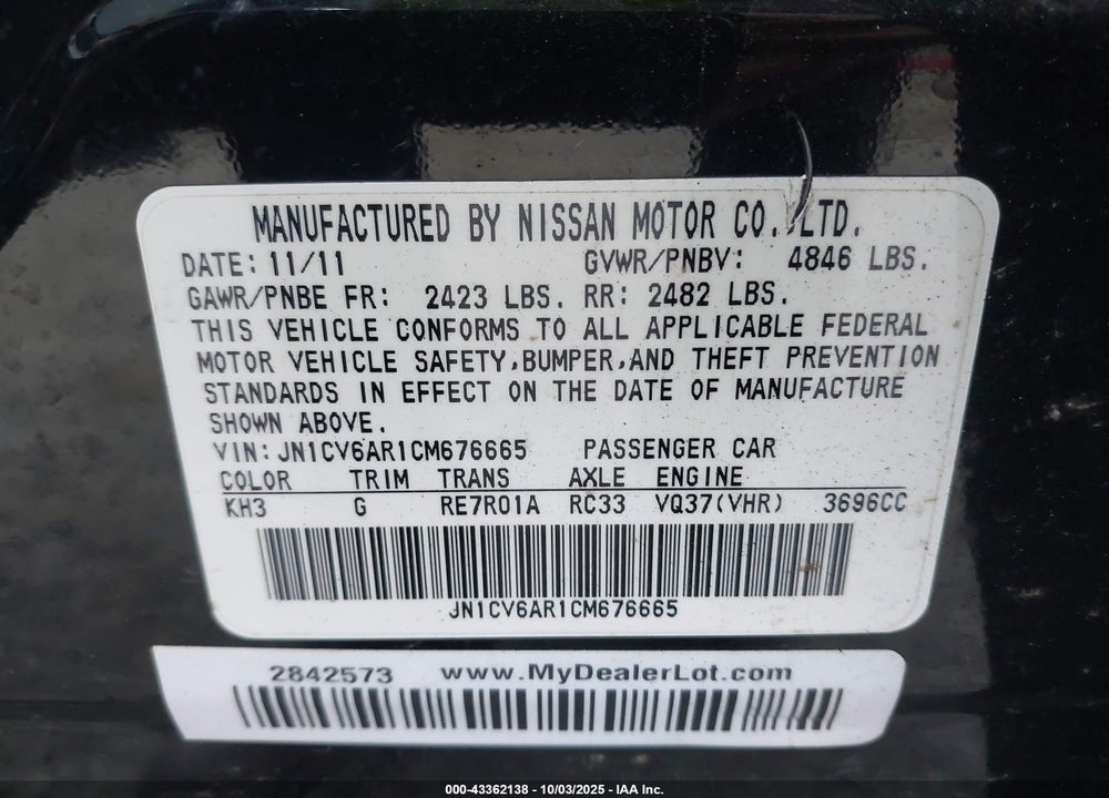 2012 INFINITI G37 VIN: JN1CV6AR1CM676665