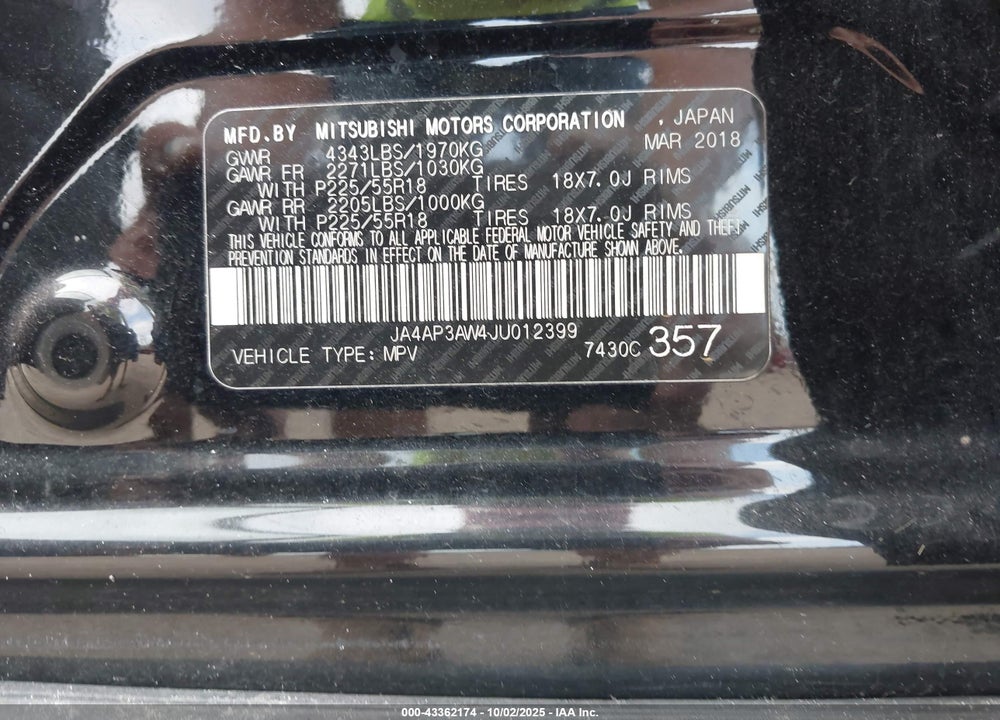 2018 MITSUBISHI OUTLANDER SPORT 2.4 SE VIN: JA4AP3AW4JU012399