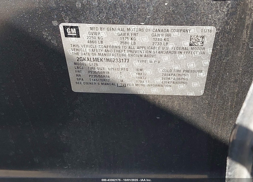 2017 GMC TERRAIN SLE-1 VIN: 2GKALMEK1H6233177