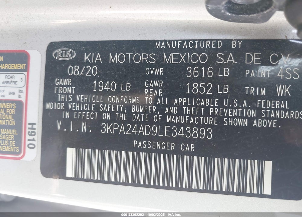 2020 KIA RIO VIN: 3KPA24AD9LE343893