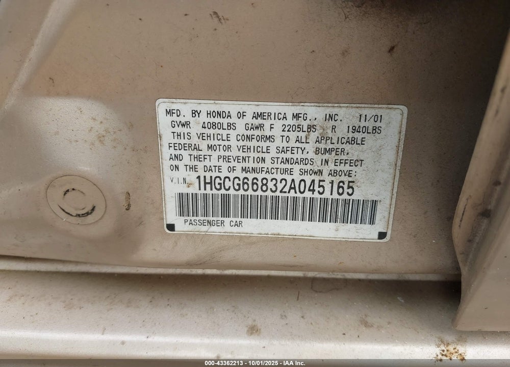 2002 HONDA ACCORD 2.3 EX/2.3 SE VIN: 1HGCG66832A045165