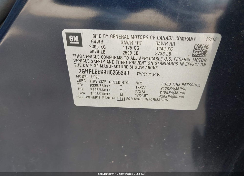 2017 CHEVROLET EQUINOX VIN: 2GNFLEEK9H6265390