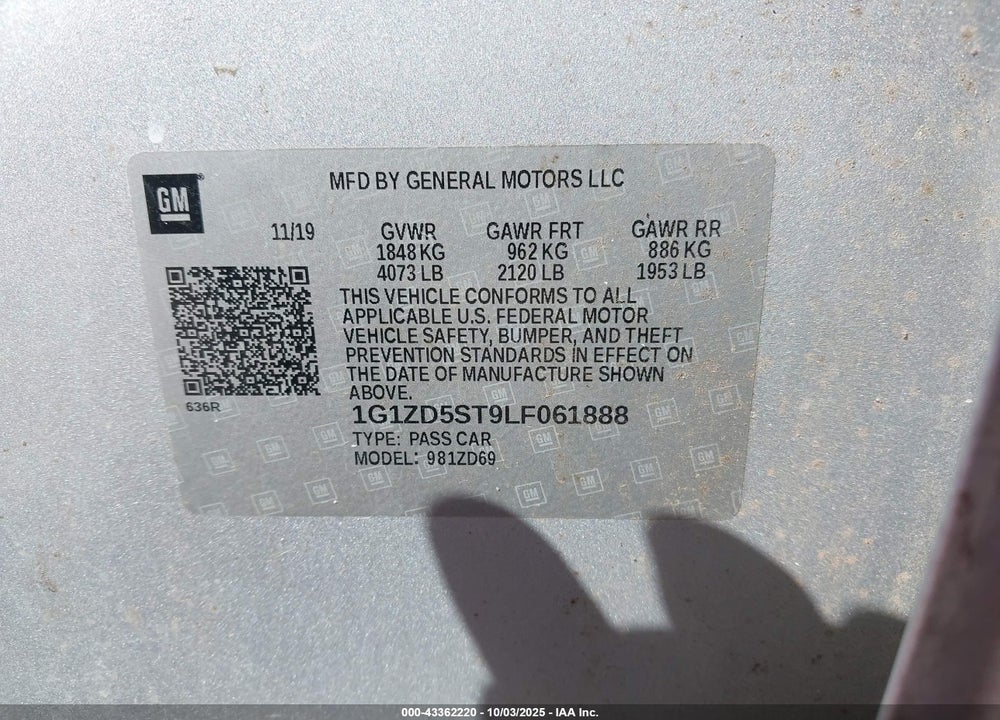2020 CHEVROLET MALIBU VIN: 1G1ZD5ST9LF061888