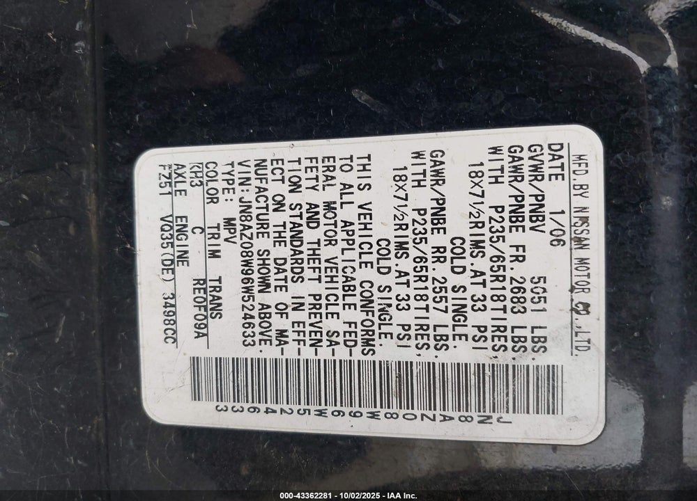 2006 NISSAN MURANO VIN: JN8AZO8W96W524633