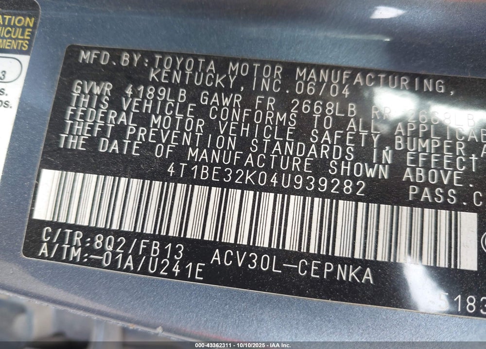 2004 TOYOTA CAMRY LE VIN: 4T1BE32K04U939282