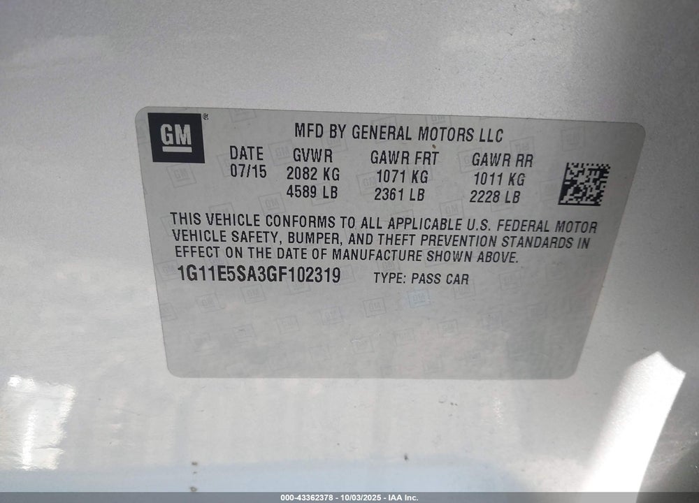 2016 CHEVROLET MALIBU LIMITED VIN: 1G11E5SA3GF102319