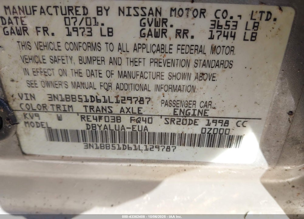 2001 NISSAN SENTRA SE- VIN: 3N1BB51D61L129787