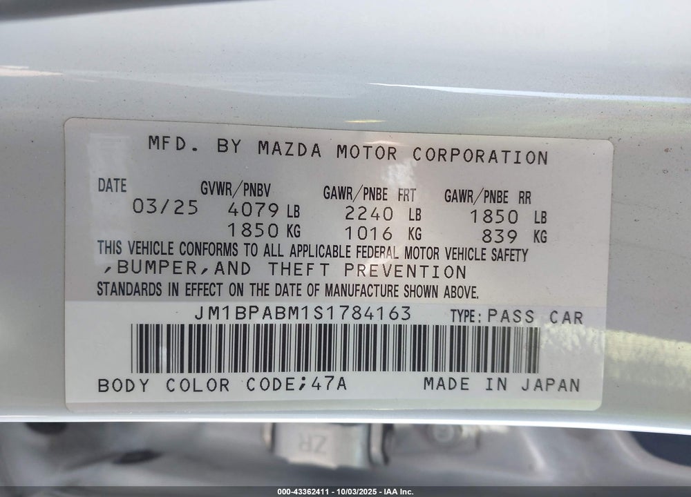 2025 MAZDA 3 VIN: JM1BPABM1S1784163