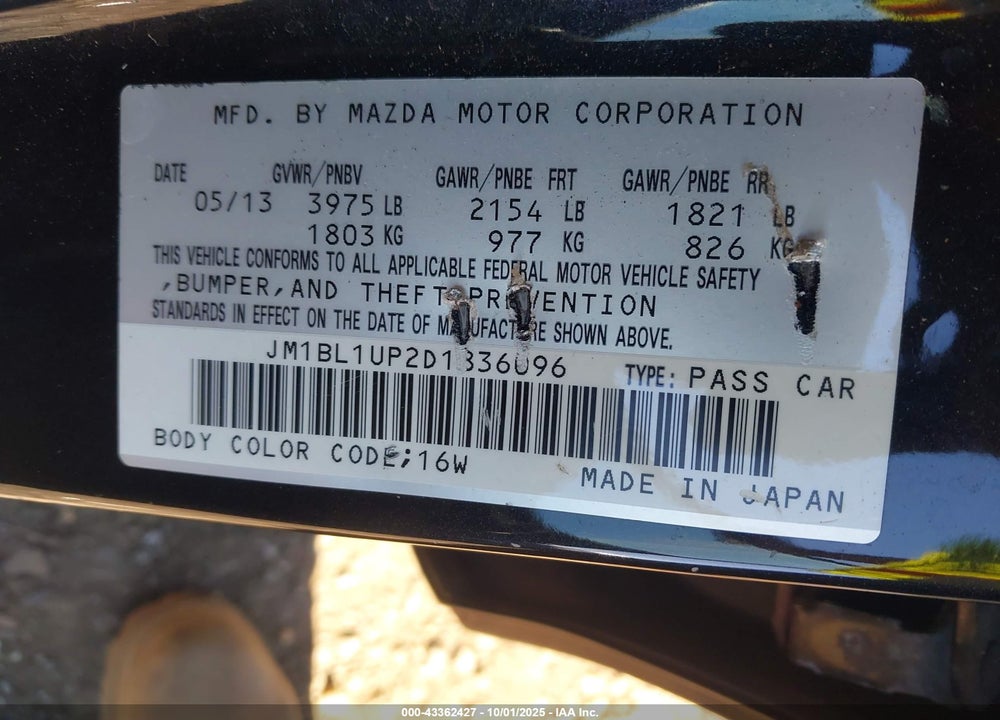 2013 MAZDA 3 VIN: JM1BL1UP2D1836096