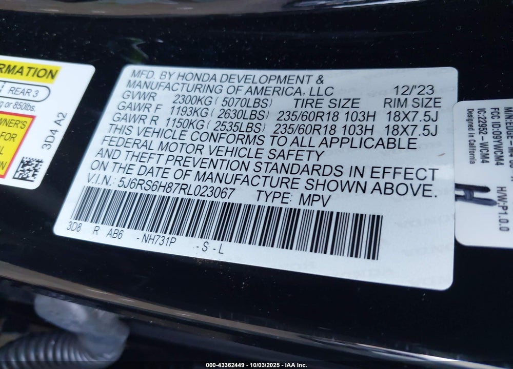 2024 HONDA CR-V VIN: 5J6RS6H87RL023067
