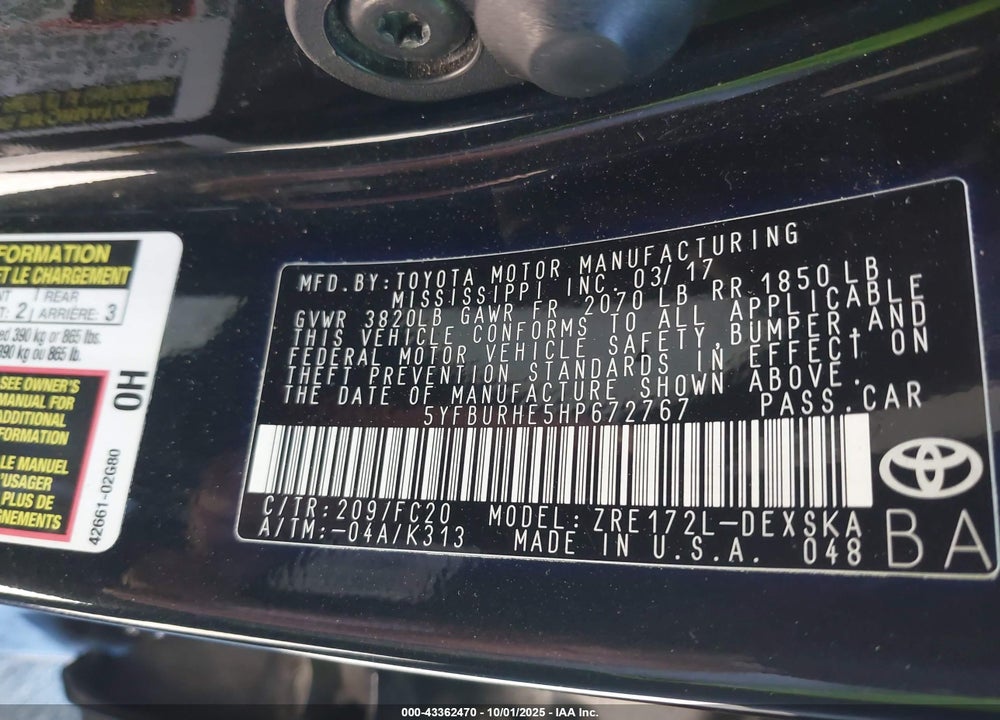 2017 TOYOTA COROLLA VIN: 5YFBURHE5HP672767