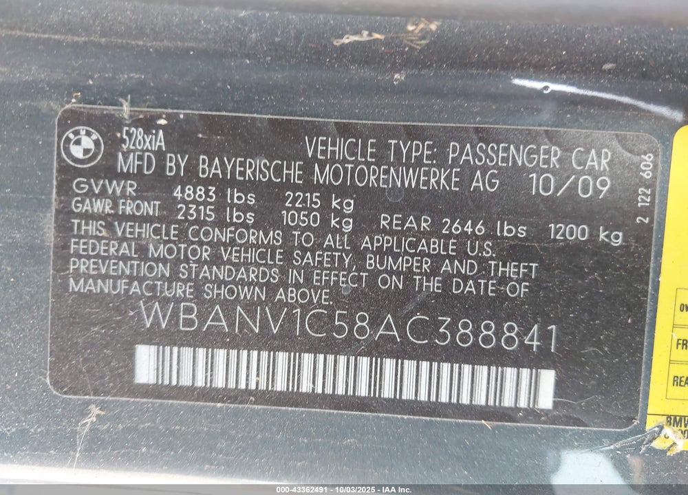 2010 BMW 5 SERIES VIN: WBANV1C58AC388841