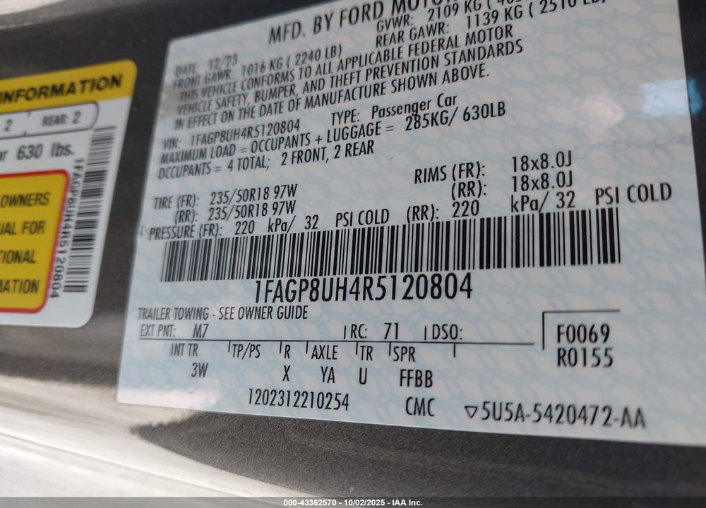 2024 FORD MUSTANG ECOBOOST PREMIUM VIN: 1FAGP8UH4R5120804