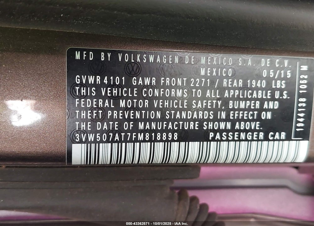 2015 VOLKSWAGEN BEETLE 1.8T VIN: 3VW507AT7FM818898