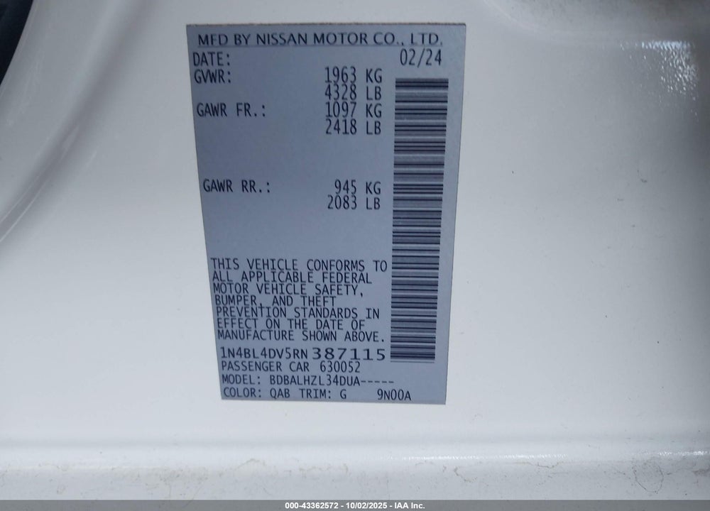 2024 NISSAN ALTIMA VIN: 1N4BL4DV5RN387115