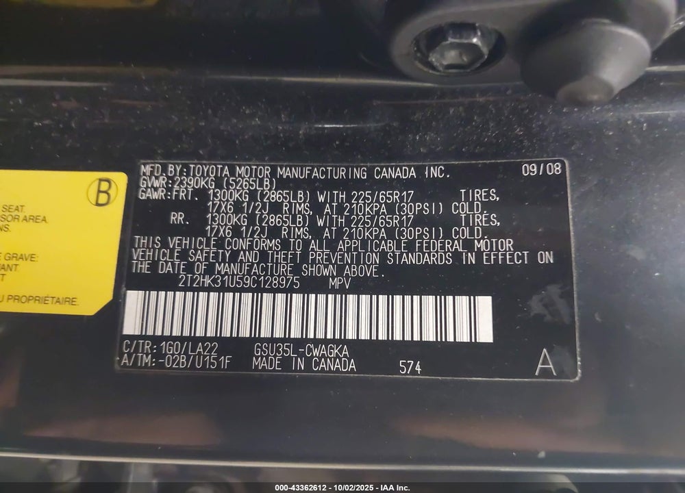 2009 LEXUS RX 350 VIN: 2T2HK31U59C128975