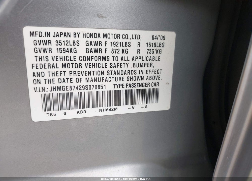 2009 HONDA FIT SPORT VIN: JHMGE87429S070851