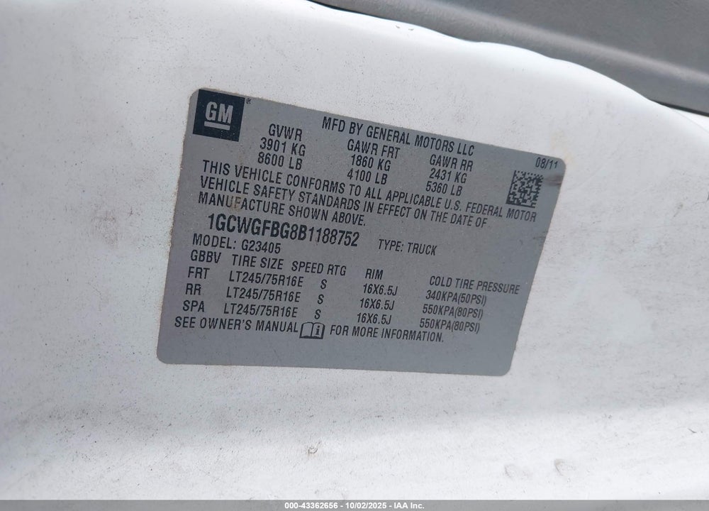 2011 CHEVROLET EXPRESS 2500 VIN: 1GCWGFBG8B1188752