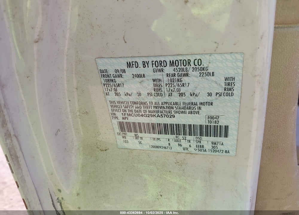 2009 FORD ESCAPE VIN: 1FMCU04G29KA57029