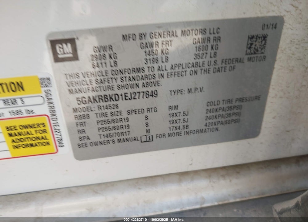 2014 BUICK ENCLAVE VIN: 5GAKRBKD1EJ277849