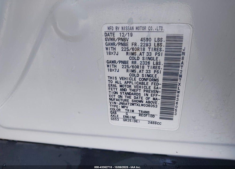 2020 NISSAN ROGUE SV FWD VIN: JN8AT2MTXLW036053