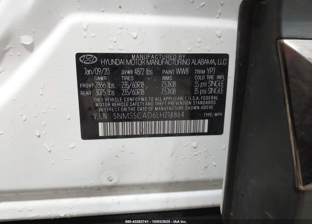 2020 HYUNDAI SANTA FE LIMITED VIN: 5NMS5CAD6LH214864