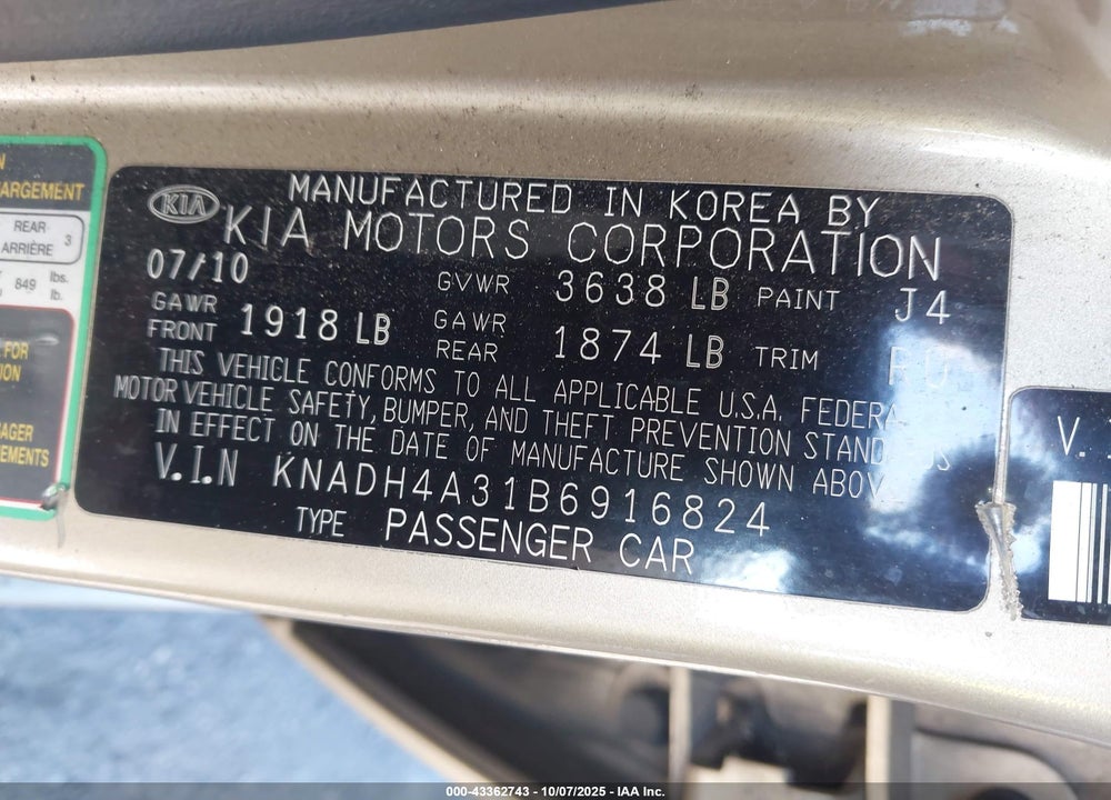 2011 KIA RIO LX VIN: KNADH4A31B6916824