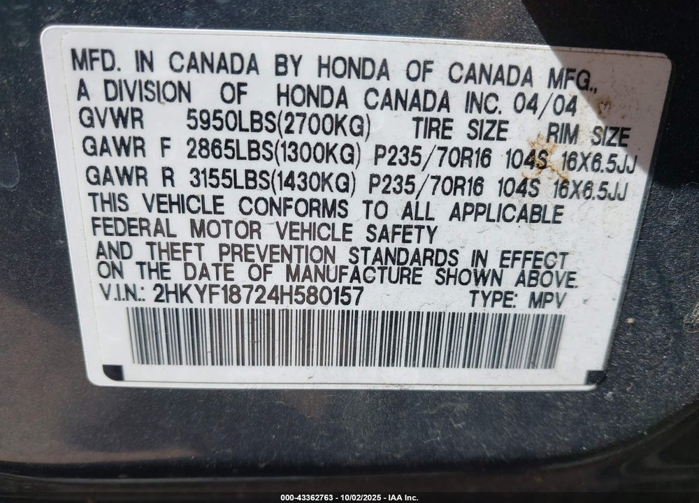 2004 HONDA PILOT EX-L VIN: 2HKYF18724H580157