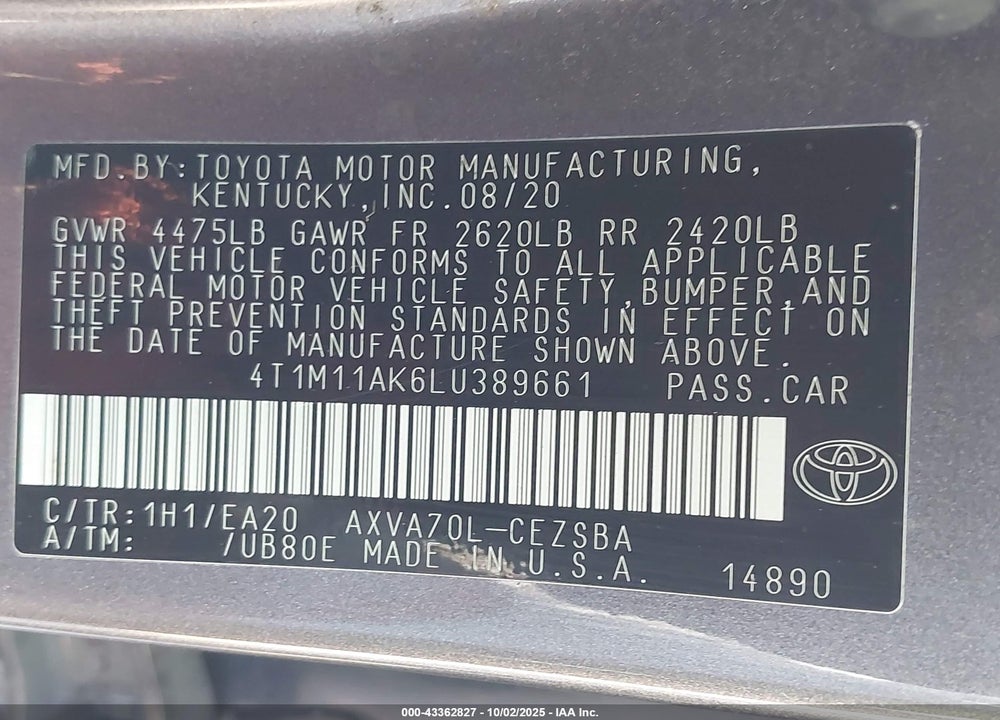 2020 TOYOTA CAMRY VIN: 4T1M11AK6LU389661
